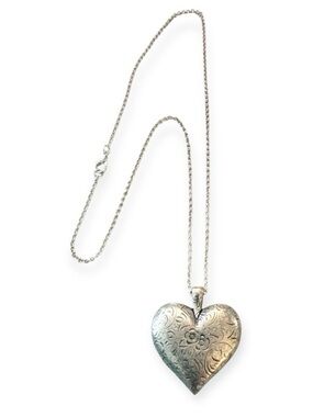 Vintage Oversized Etched Puffy Heart Pendant Necklace in Silver, 23” Long